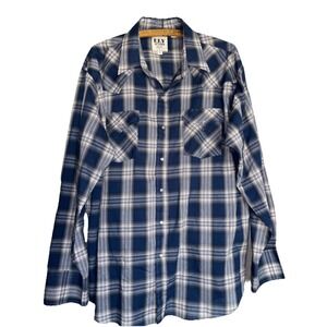 ELY Cattleman XL Western Pearl Snap Blue Plaid Shirt Mens Rodeo Button Up Cowboy